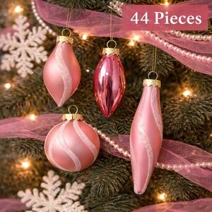 44 Pieces, Vintage-Inspired Pink Glass Ornaments | Blush Teardrops and Balls